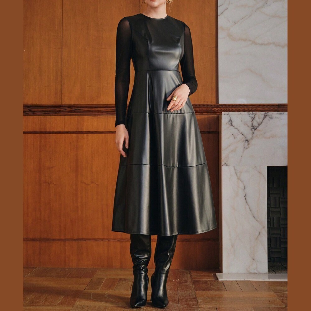 Black Faux Leather Sheer Mesh Long Sleeve Tiered Midi Dress